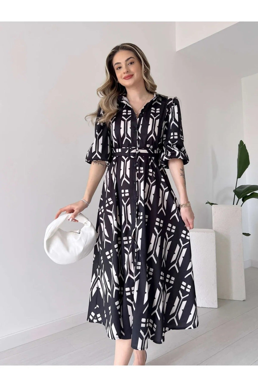 Pimu Shirt Collar Patterned Meghan Dress - Black | Grocsy