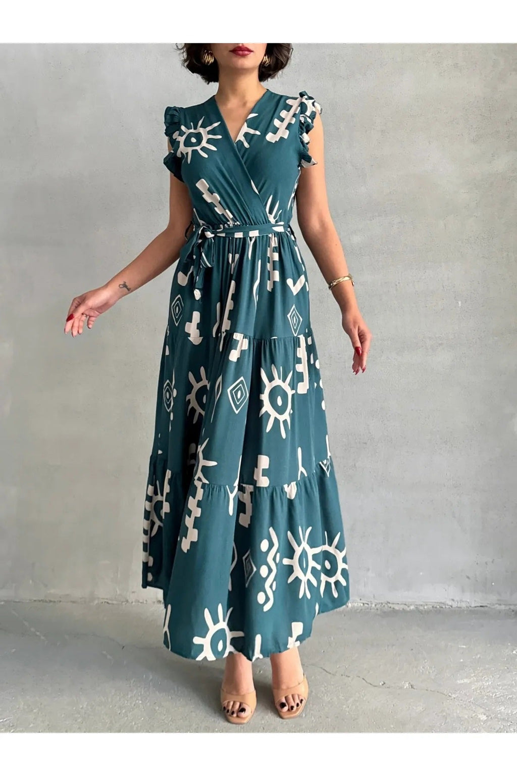 Pimu V-Neck Maxi Dress with Teal-Blue Graphic Print | Grocsy