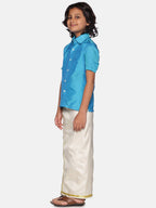 Sethukrishna Boys Turquoise Blue & White Shirt with Dhoti | Grocsy