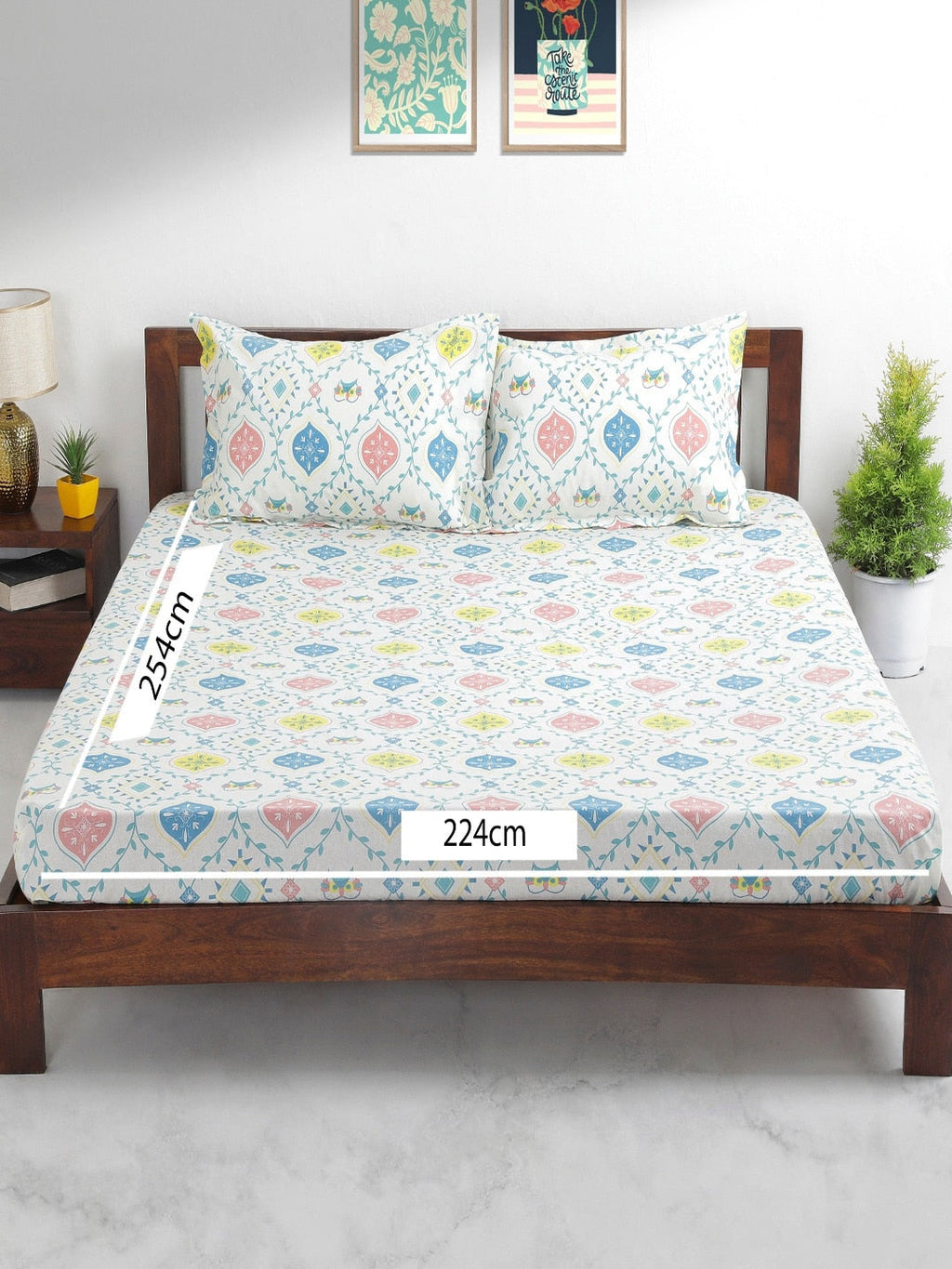 Chumbak White & Blue Ethnic Motifs 136 TC Cotton 1 Queen Bedsheet with 2 Pillow Covers | Grocsy