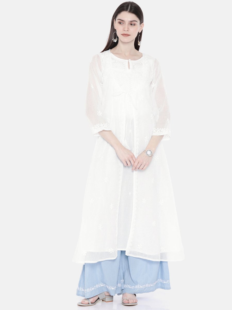 ADA Women White Embroidered Layered A-Line Chikankari Sustainable Kota Handloom Kurta | Grocsy