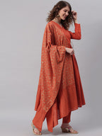 Janasya Women Orange Angrakha Pure Cotton Kurta with Trousers & Dupatta | Grocsy