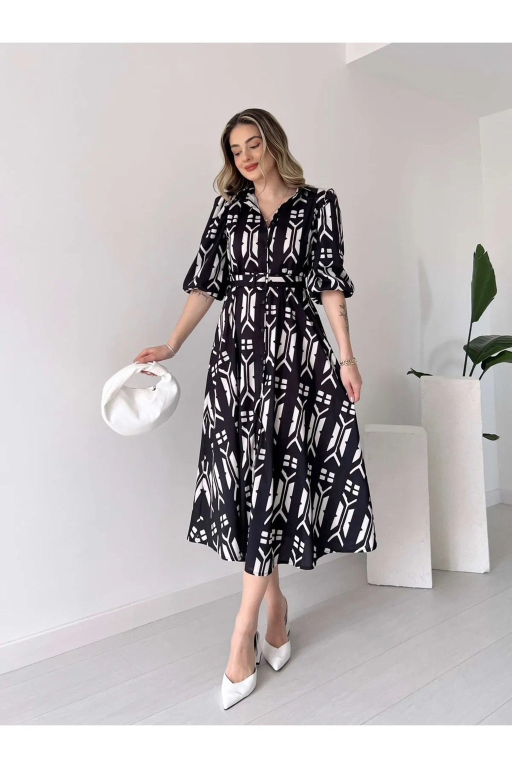 Pimu Shirt Collar Patterned Meghan Dress - Black | Grocsy
