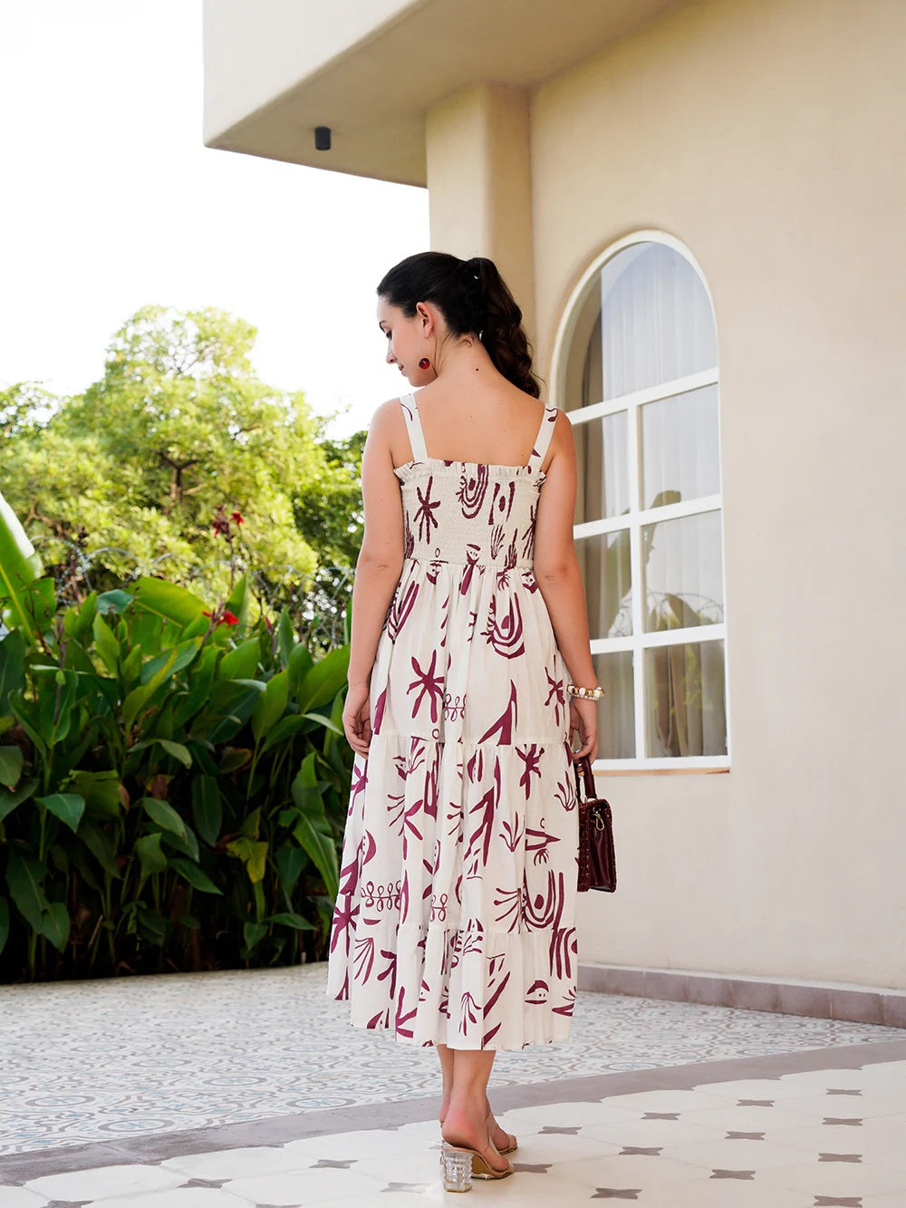 Pimu Square-Neck Maxi Dress with Graphic Print-Green | Grocsy