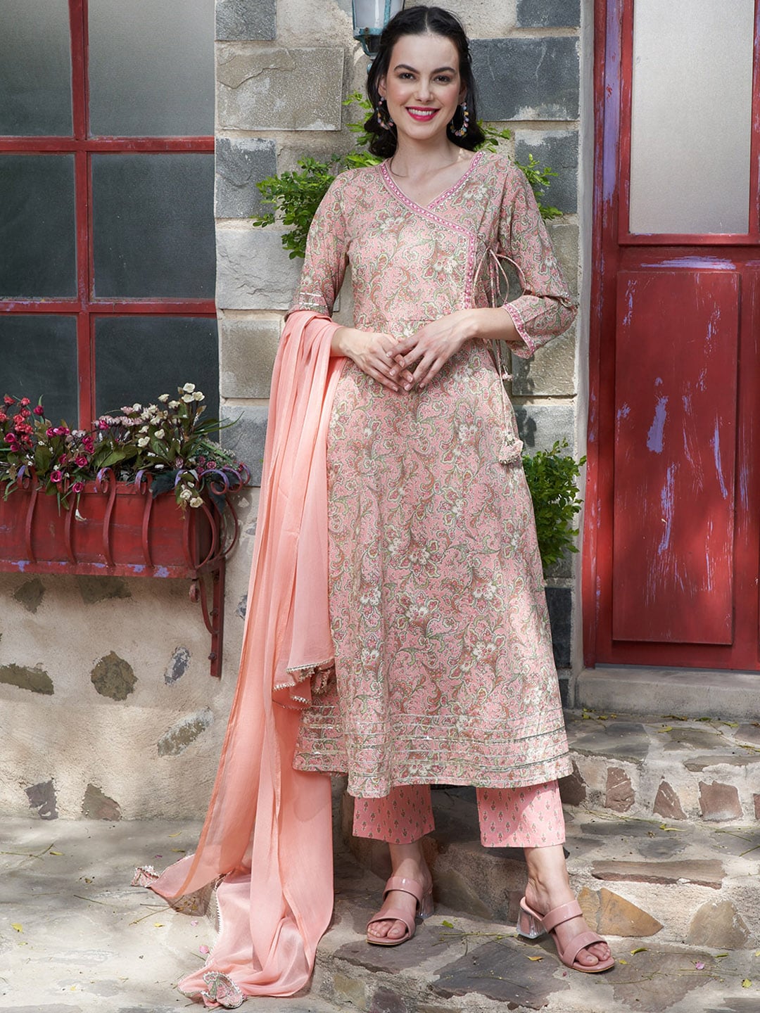 Sangria Peach Floral Printed Gotta Patti Pure Cotton A-Line Kurta with Trousers & Dupatta | Grocsy
