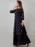 HERE&NOW Navy Blue & Gold-Toned Ethnic Motifs Printed Kurta with Skirt | Grocsy