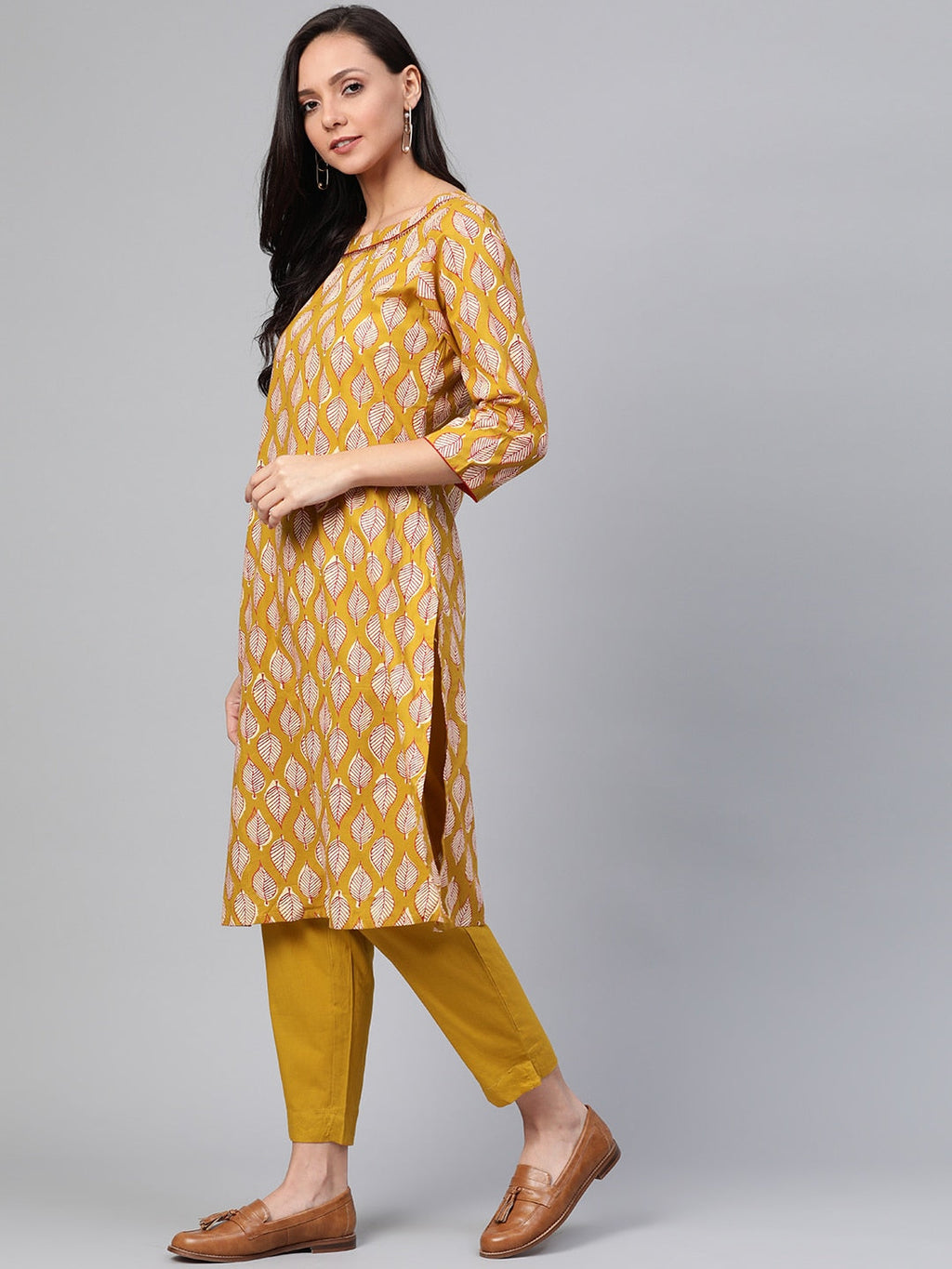 Sangria Women Mustard Yellow & Off-White Printed Kurta with Trousers | Grocsy
