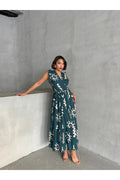 Pimu V-Neck Maxi Dress with Teal-Blue Graphic Print | Grocsy