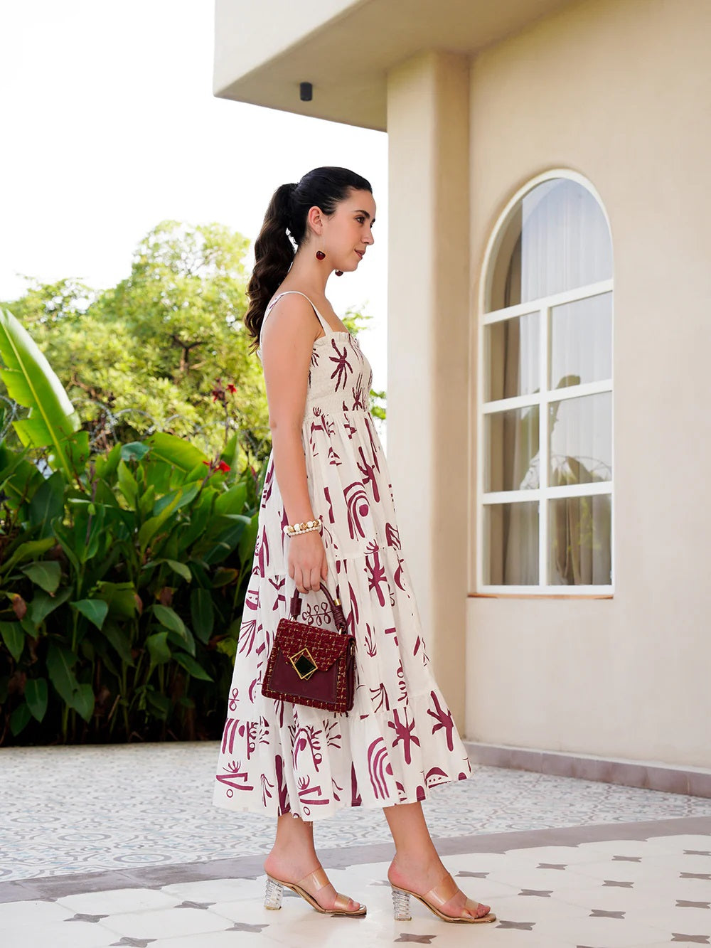 Pimu Square-Neck Maxi Dress with Graphic Print-Green | Grocsy