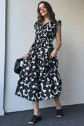 Pimu V-Neck Maxi Dress with Graphic Print-Black | Grocsy