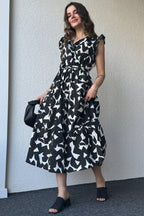Pimu V-Neck Maxi Dress with Graphic Print-Black | Grocsy