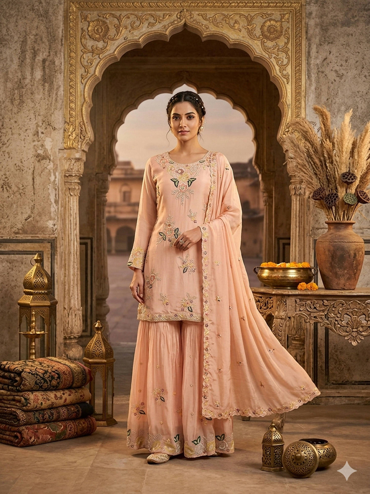 Stylish Designer Stitched Pink Pure Viscose Crepe Embroidery Hand Work Sharara Suit - Anbazaar | Grocsy