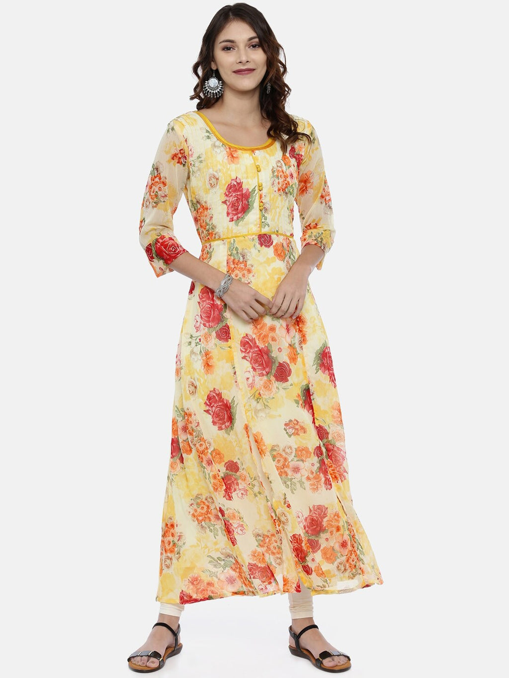 Souchii Yellow Printed A-Line Kurta | Grocsy