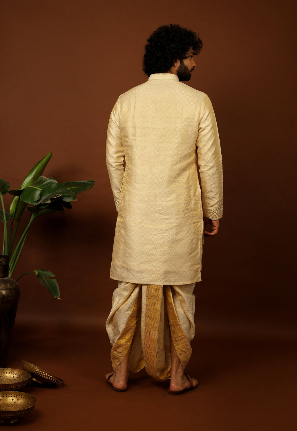 Kanjivaram Gold Textured Tissue Embroidered Pattu Opulence Kurta Set by Hilo Design | Grocsy