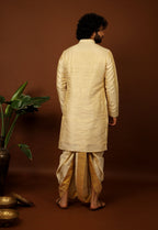 Kanjivaram Gold Textured Tissue Embroidered Pattu Opulence Kurta Set by Hilo Design | Grocsy