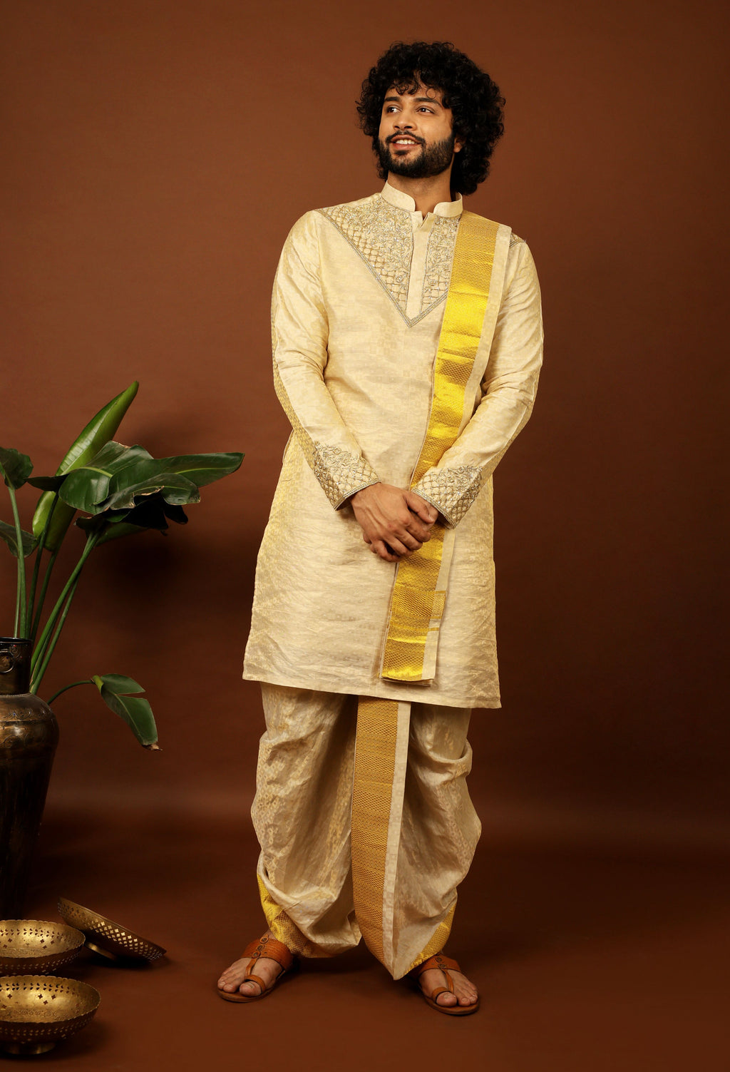 Kanjivaram Gold Textured Tissue Embroidered Pattu Opulence Kurta Set by Hilo Design | Grocsy