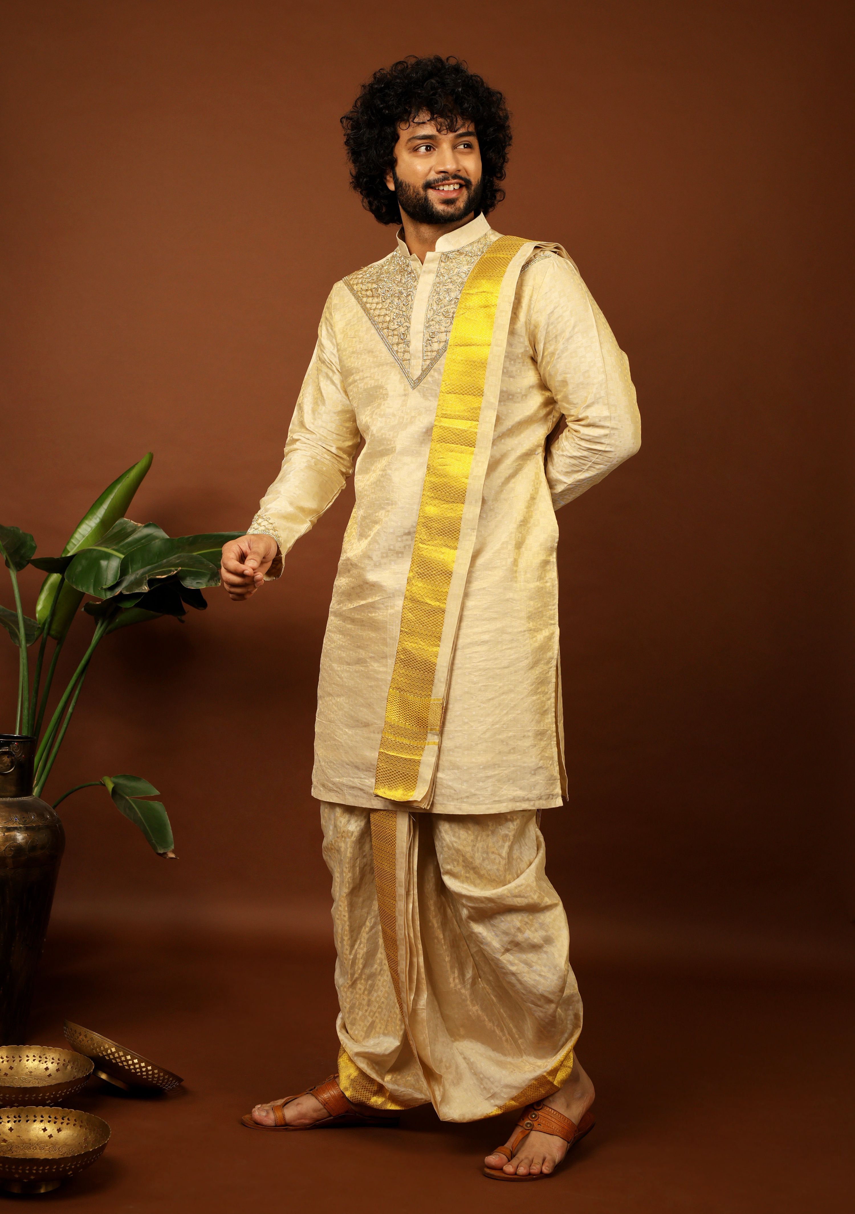 Kanjivaram Gold Textured Tissue Embroidered Pattu Opulence Kurta Set by Hilo Design | Grocsy