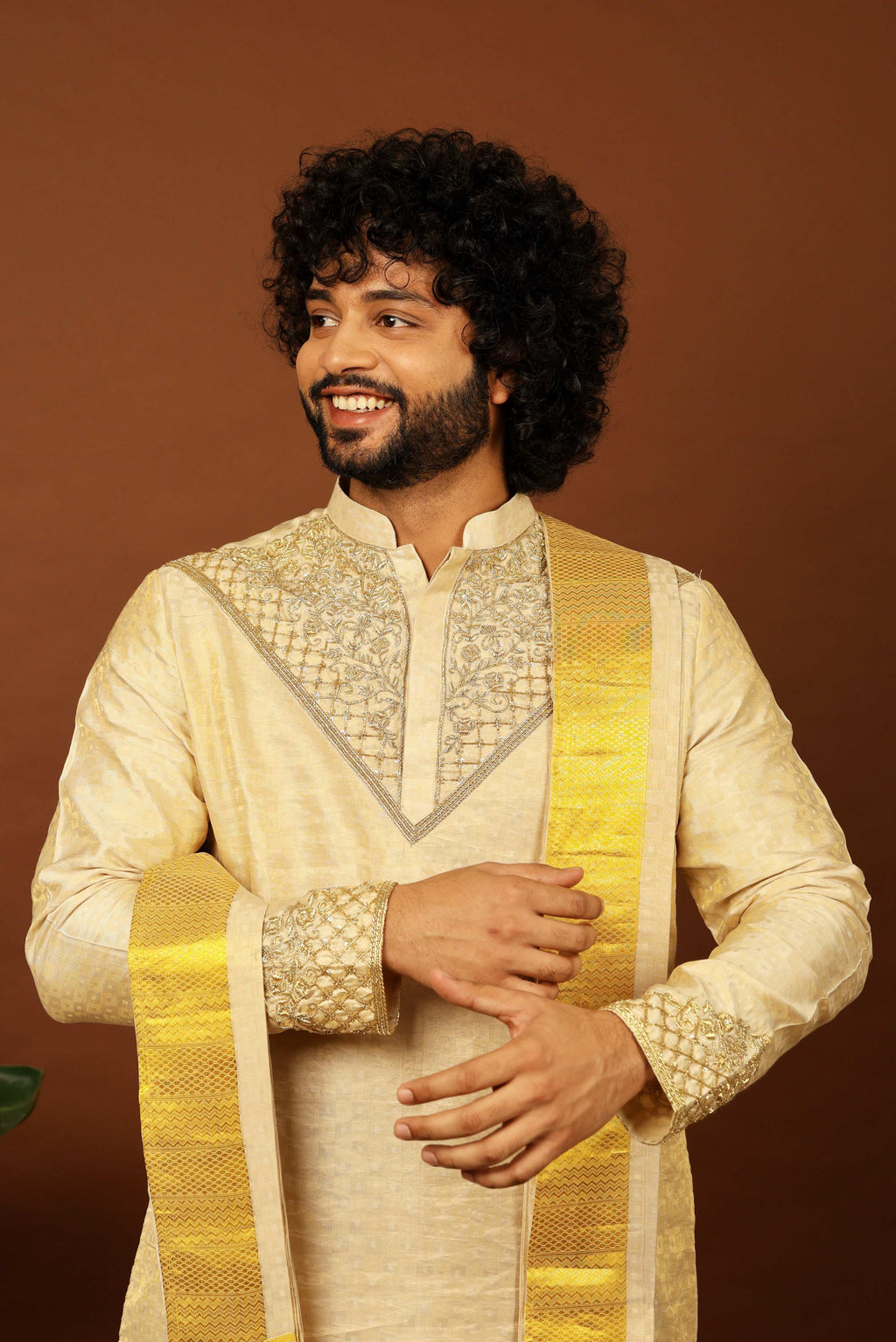 Kanjivaram Gold Textured Tissue Embroidered Pattu Opulence Kurta Set by Hilo Design | Grocsy