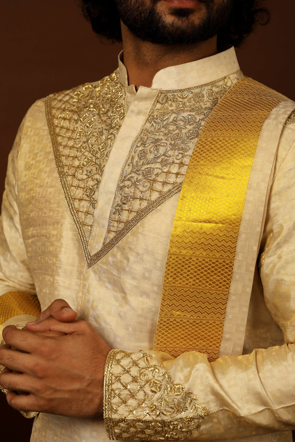 Kanjivaram Gold Textured Tissue Embroidered Pattu Opulence Kurta Set by Hilo Design | Grocsy