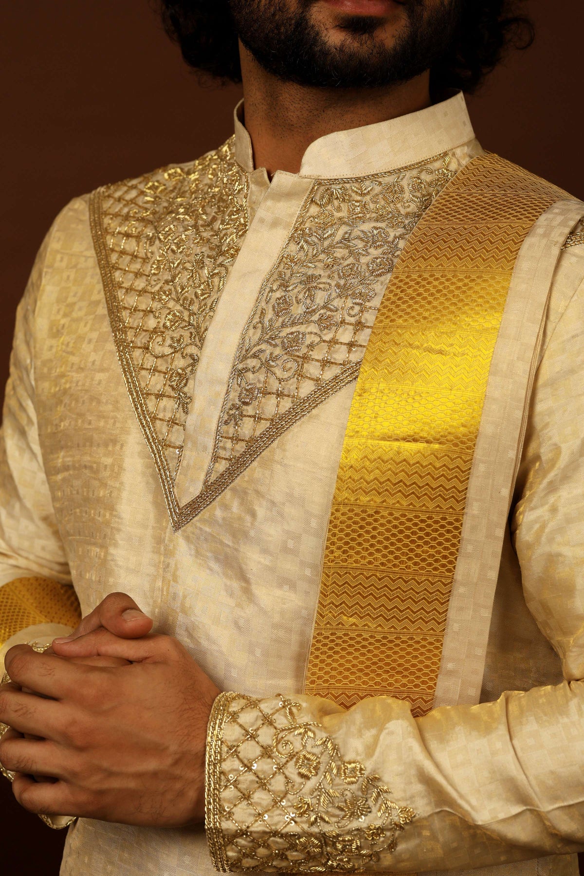 Kanjivaram Gold Textured Tissue Embroidered Pattu Opulence Kurta Set by Hilo Design | Grocsy