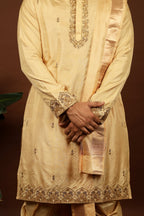 Kanjivaram Rose Gold Hand Emboirdered Pattu Kurta Set by Hilo Design | Grocsy