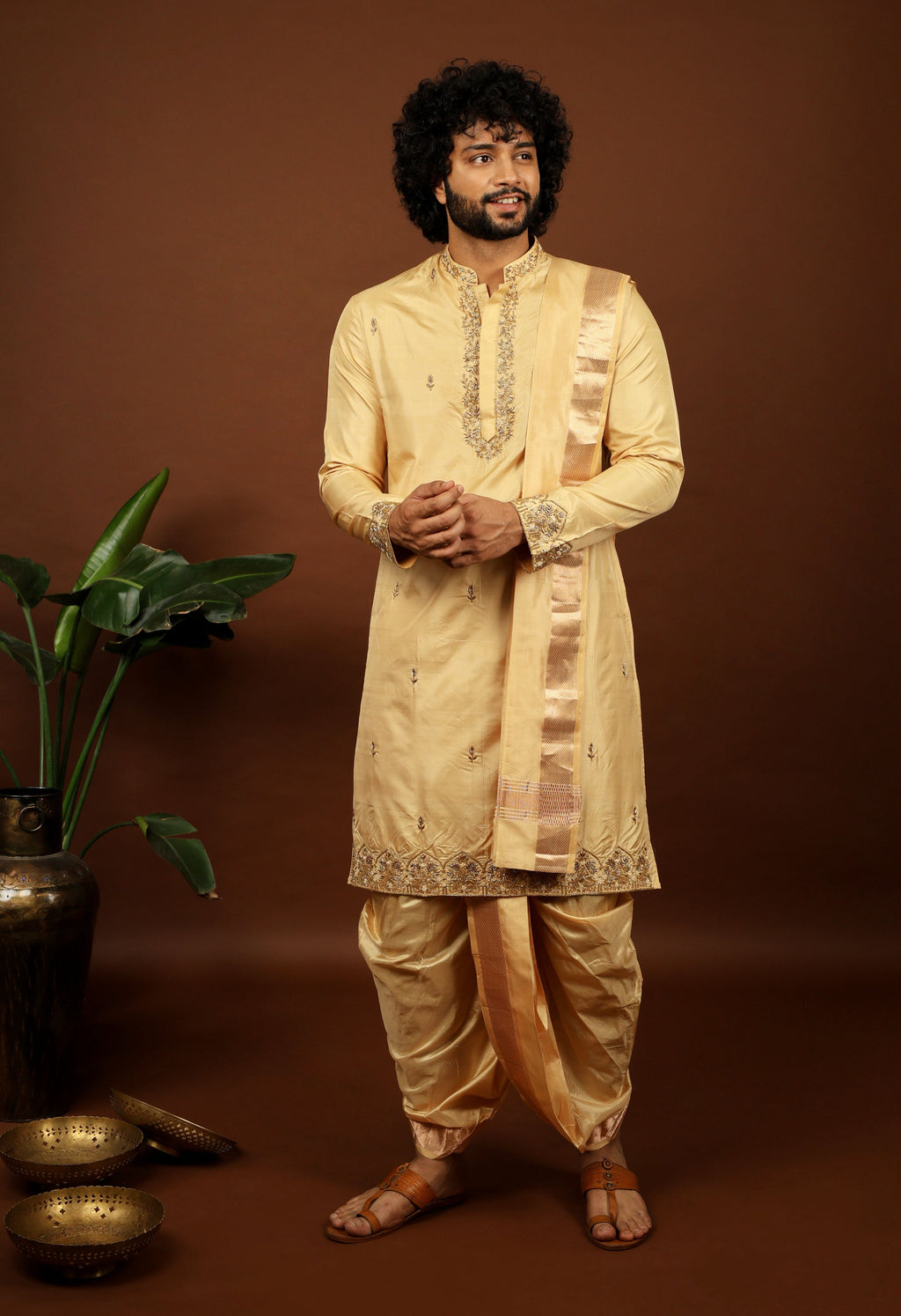 Kanjivaram Rose Gold Hand Emboirdered Pattu Kurta Set by Hilo Design | Grocsy