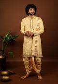 Kanjivaram Rose Gold Hand Emboirdered Pattu Kurta Set by Hilo Design | Grocsy