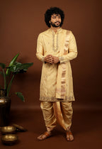 Kanjivaram Rose Gold Hand Emboirdered Pattu Kurta Set by Hilo Design | Grocsy