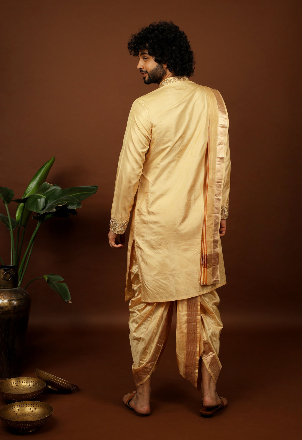 Kanjivaram Rose Gold Hand Emboirdered Pattu Kurta Set by Hilo Design | Grocsy