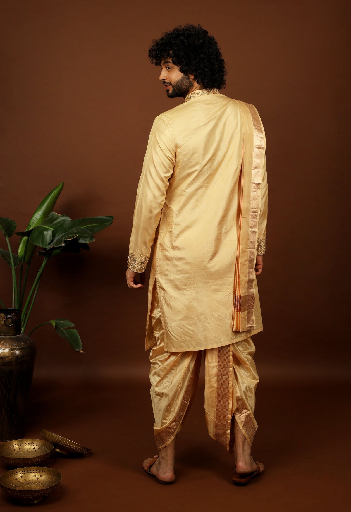 Kanjivaram Rose Gold Hand Emboirdered Pattu Kurta Set by Hilo Design | Grocsy