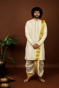 Kanjivaram Rose Gold Hand Emboirdered Pattu Kurta Set by Hilo Design | Grocsy