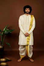 Kanjivaram Rose Gold Hand Emboirdered Pattu Kurta Set by Hilo Design | Grocsy