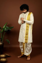 Kanjivaram Rose Gold Hand Emboirdered Pattu Kurta Set by Hilo Design | Grocsy