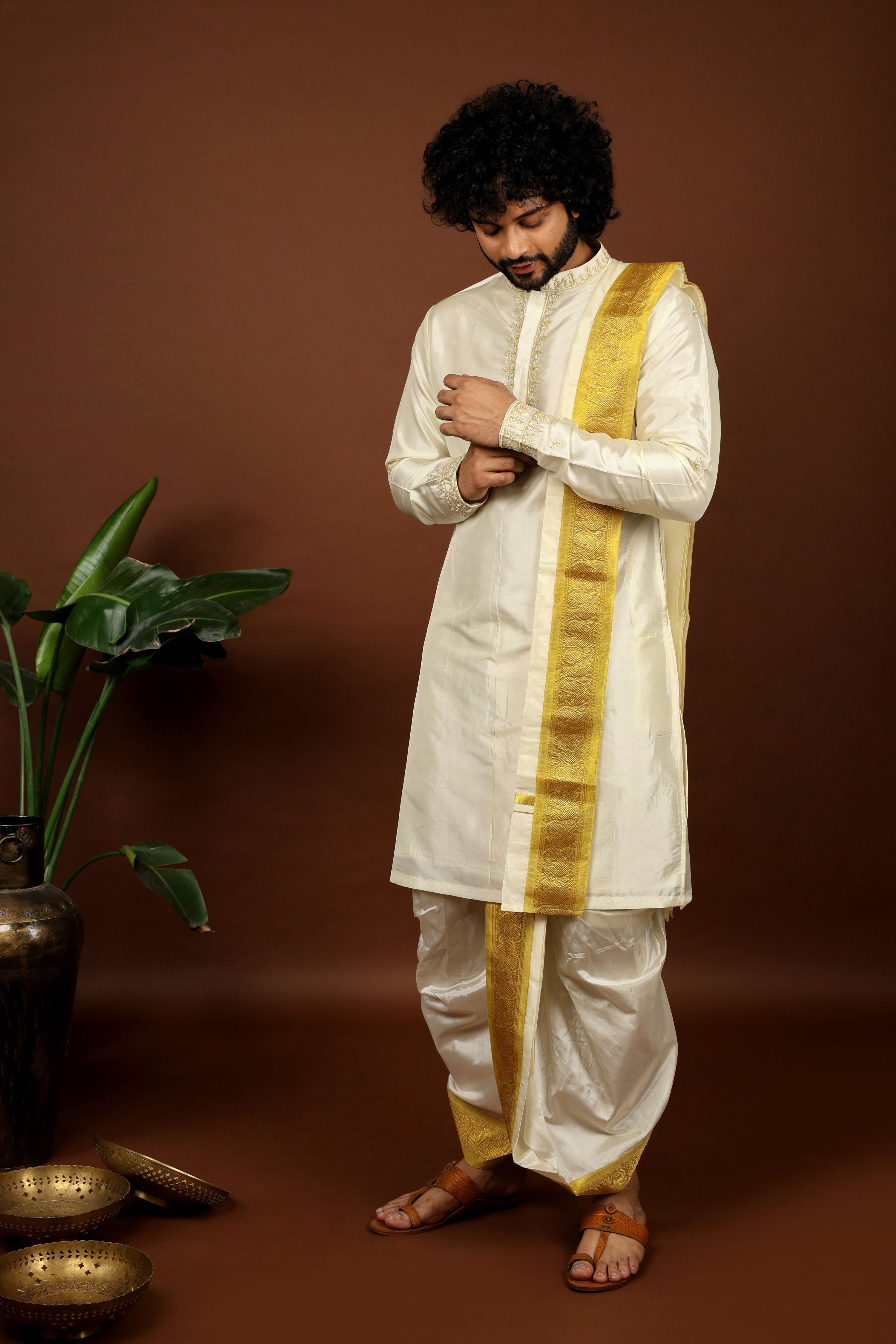 Kanjivaram Rose Gold Hand Emboirdered Pattu Kurta Set by Hilo Design | Grocsy