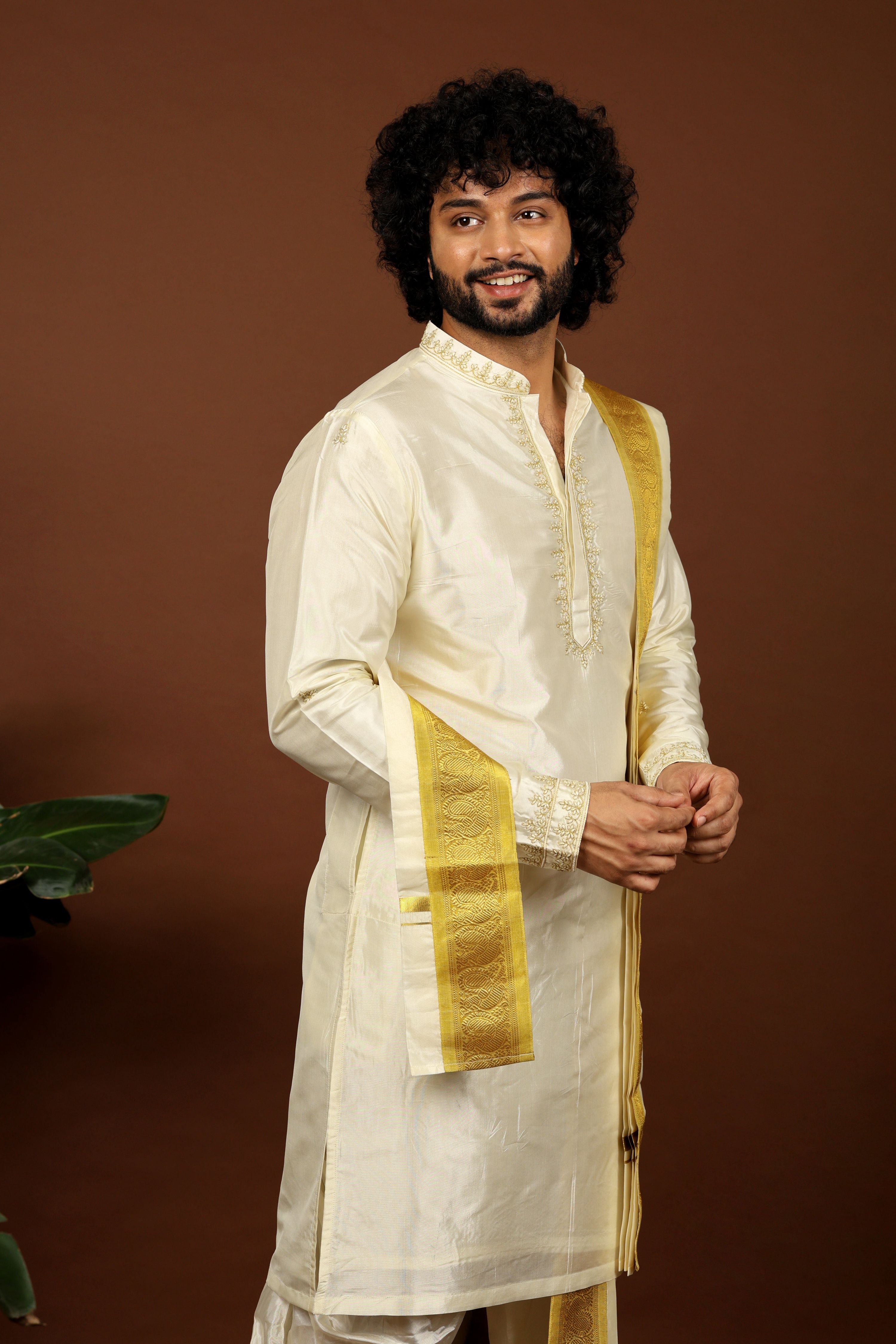 Kanjivaram Rose Gold Hand Emboirdered Pattu Kurta Set by Hilo Design | Grocsy