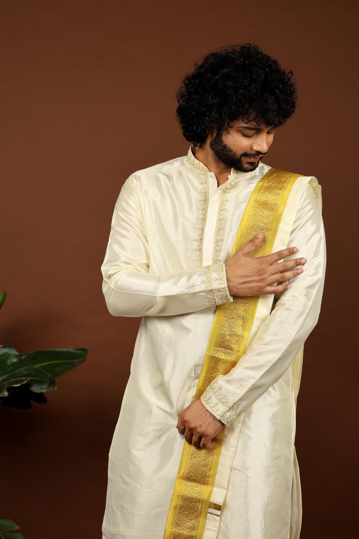 Kanjivaram Rose Gold Hand Emboirdered Pattu Kurta Set by Hilo Design | Grocsy