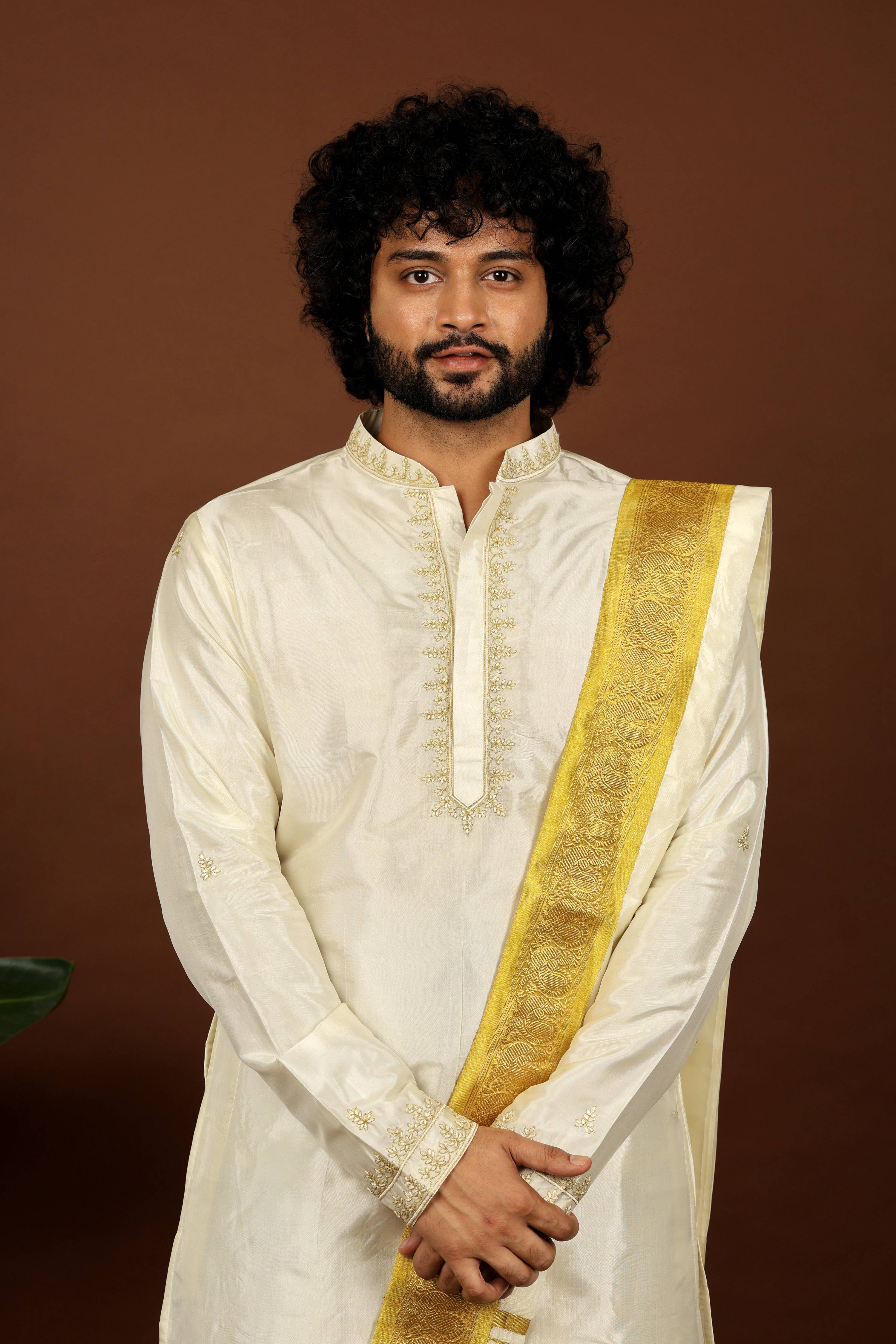 Kanjivaram Rose Gold Hand Emboirdered Pattu Kurta Set by Hilo Design | Grocsy