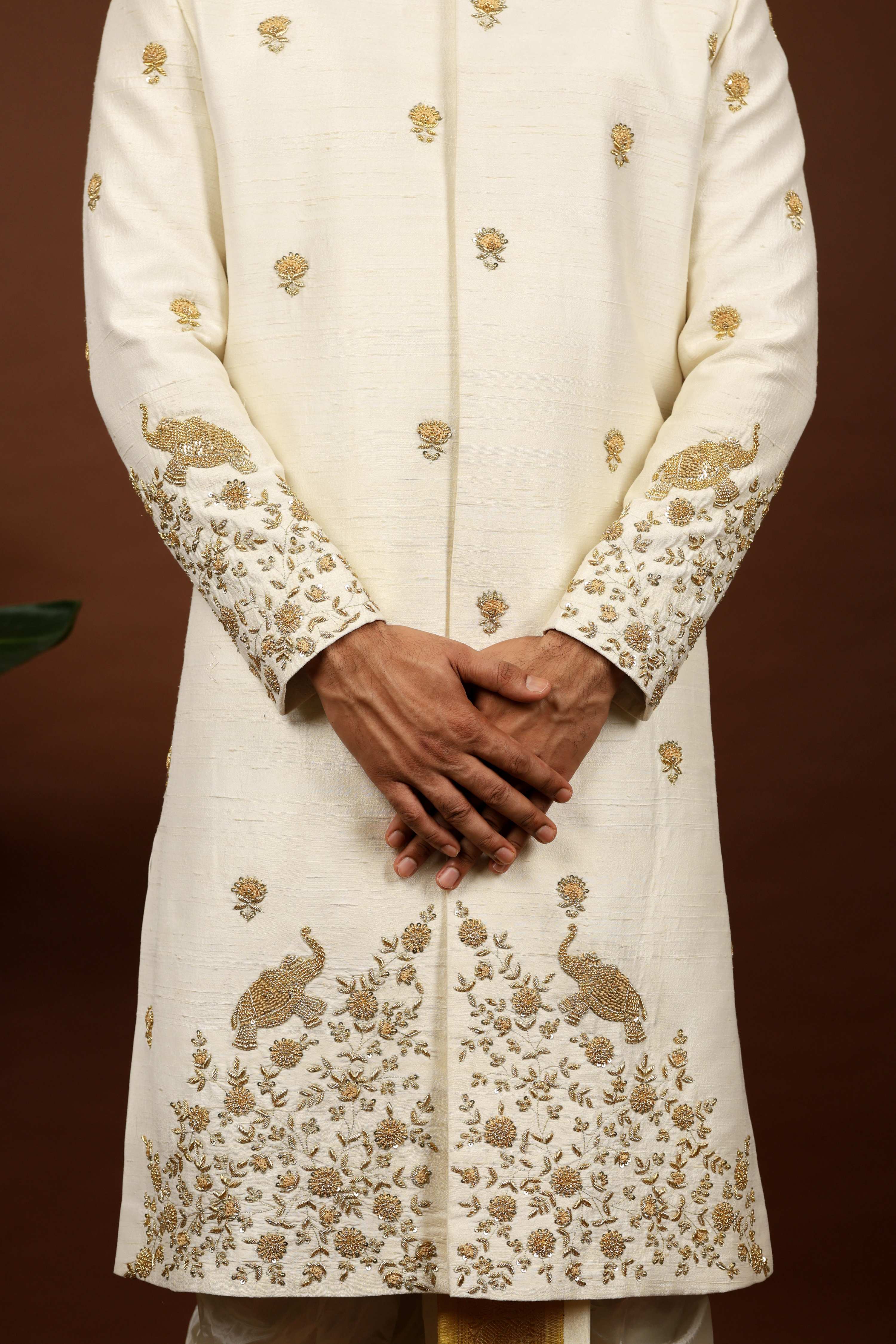 Off White Embroidered Sherwani by Hilo Design | Grocsy
