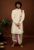 Off White Machine Embroidered Majestic Pattu Kurta Set by Hilo Design | Grocsy