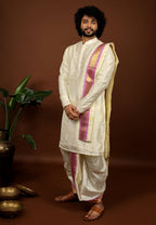 Off White Machine Embroidered Majestic Pattu Kurta Set by Hilo Design | Grocsy