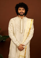 Off White Machine Embroidered Grandeur Pattu Kurta Set by Hilo Design | Grocsy