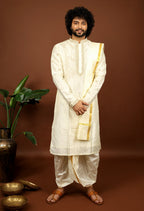 Off White Machine Embroidered Grandeur Pattu Kurta Set by Hilo Design | Grocsy