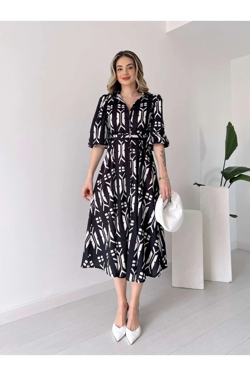 Pimu Shirt Collar Patterned Meghan Dress - Black | Grocsy