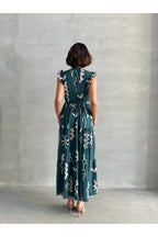 Pimu V-Neck Maxi Dress with Teal-Blue Graphic Print | Grocsy