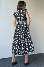 Pimu V-Neck Maxi Dress with Graphic Print-Black | Grocsy