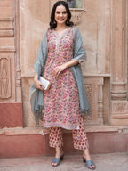 Sangria Peach-Coloured Ethnic Motifs Printed Pure Cotton Kurta with Trousers & Dupatta | Grocsy