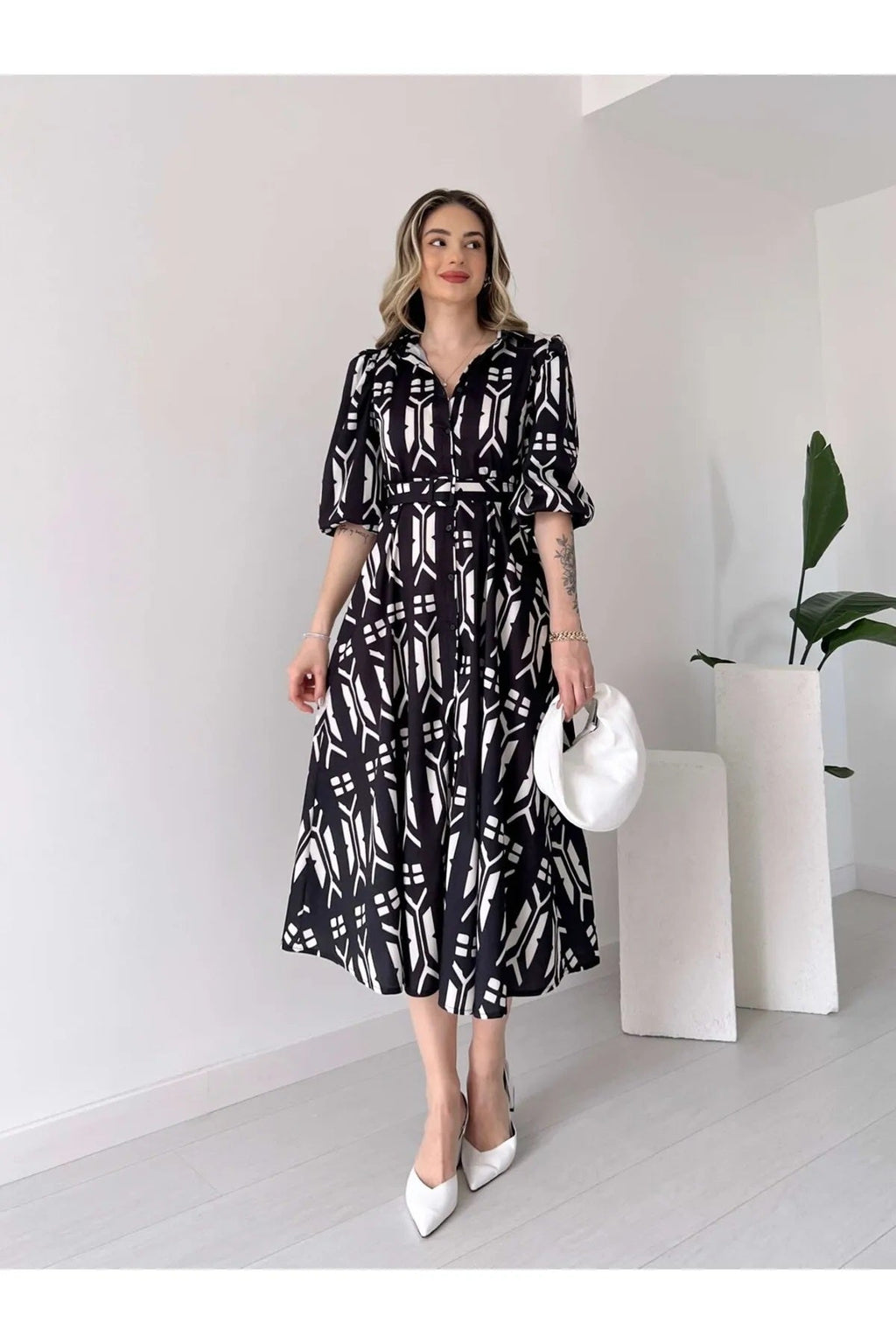 Pimu Shirt Collar Patterned Meghan Dress - Black | Grocsy