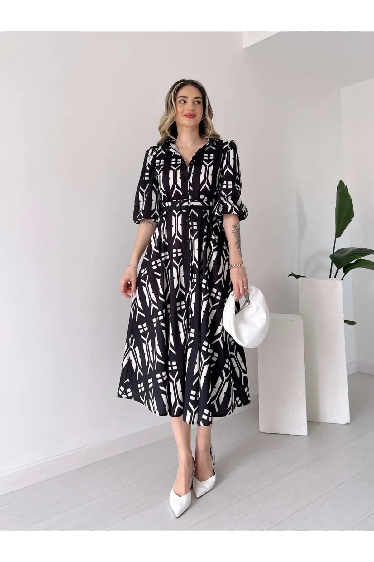 Pimu Shirt Collar Patterned Meghan Dress - Black | Grocsy