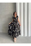 Pimu V-Neck Maxi Dress with Black Graphic Print | Grocsy