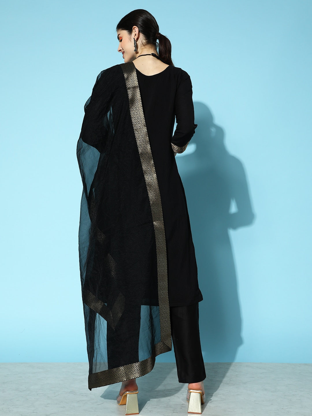 Sangria Floral Yoke Design Jacquard Kurta with Trousers & With Dupatta | Grocsy